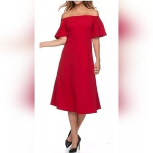 Red off-shoulder fit flare knee length stretch fabric machine wash dress